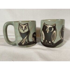Set Of 2 Mara Of Mexico Owls Mugs Stoneware Art pottery 16oz Handcrafted Signed